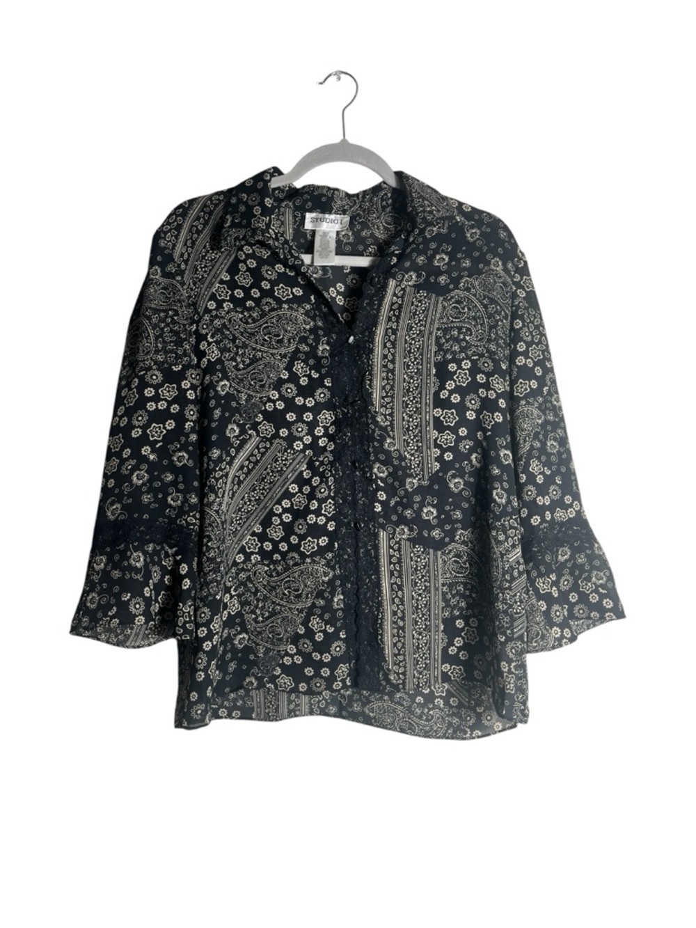 Studio I Paisley Boho Blouse Black White Bell Sleeve Top Size 8